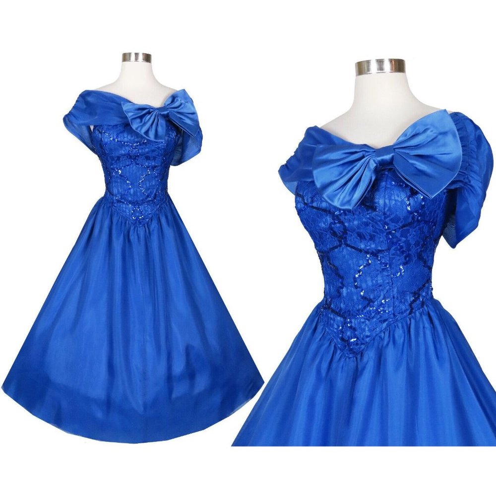 Vintage 80s 50s Blue Lace Sequin Chiffon Full Skirt Princess Prom Party Dress XS